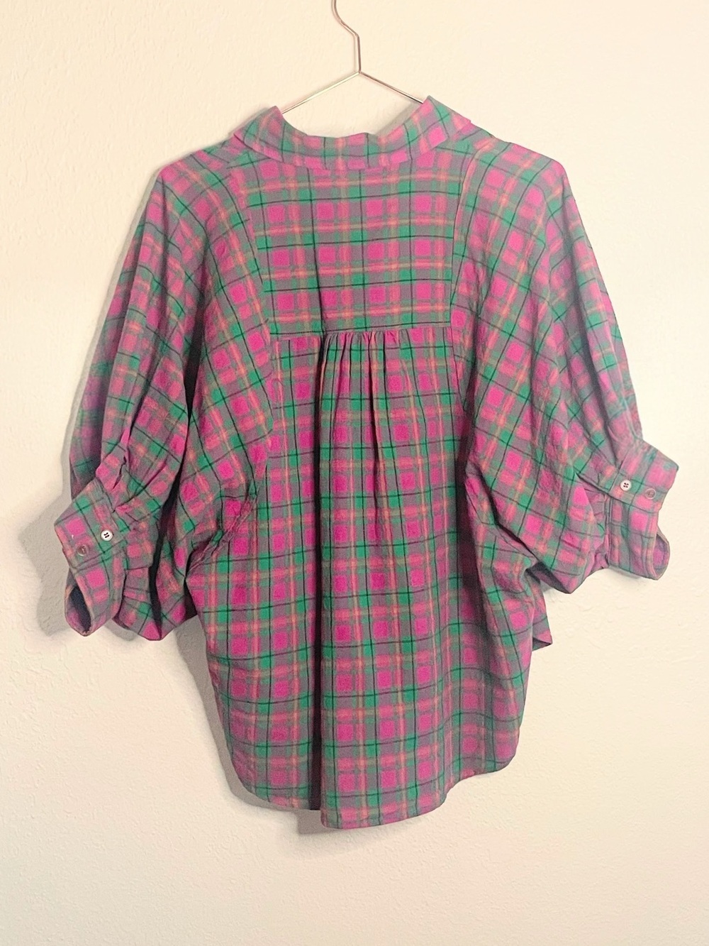 Entro Pink Green Plaid Oversized Pima Cotton Button Up Small - Picture 10 of 12